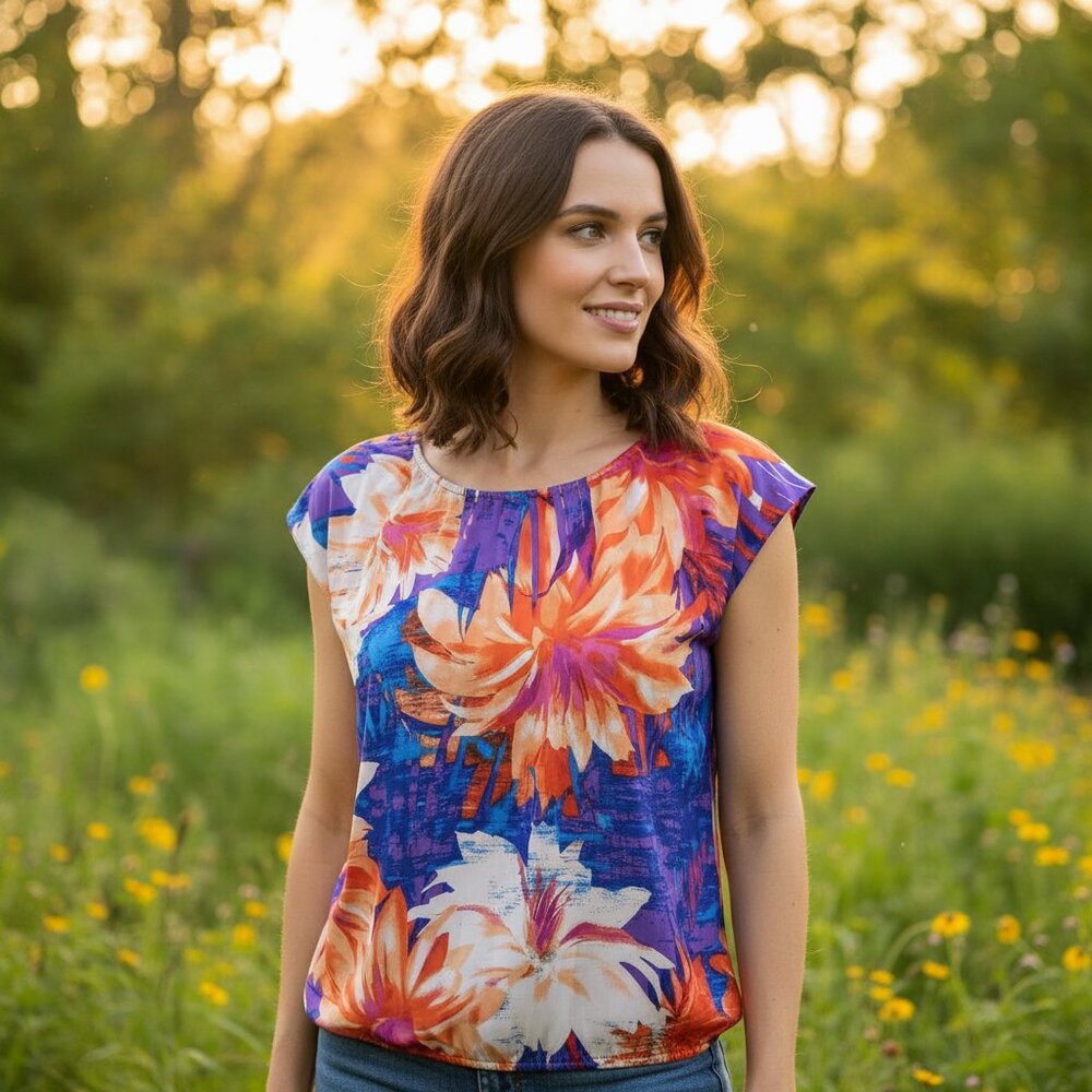 Ann Taylor XS Top Womens Blue Orange Floral Satin Glam Retro Cottage Whimsy Mod